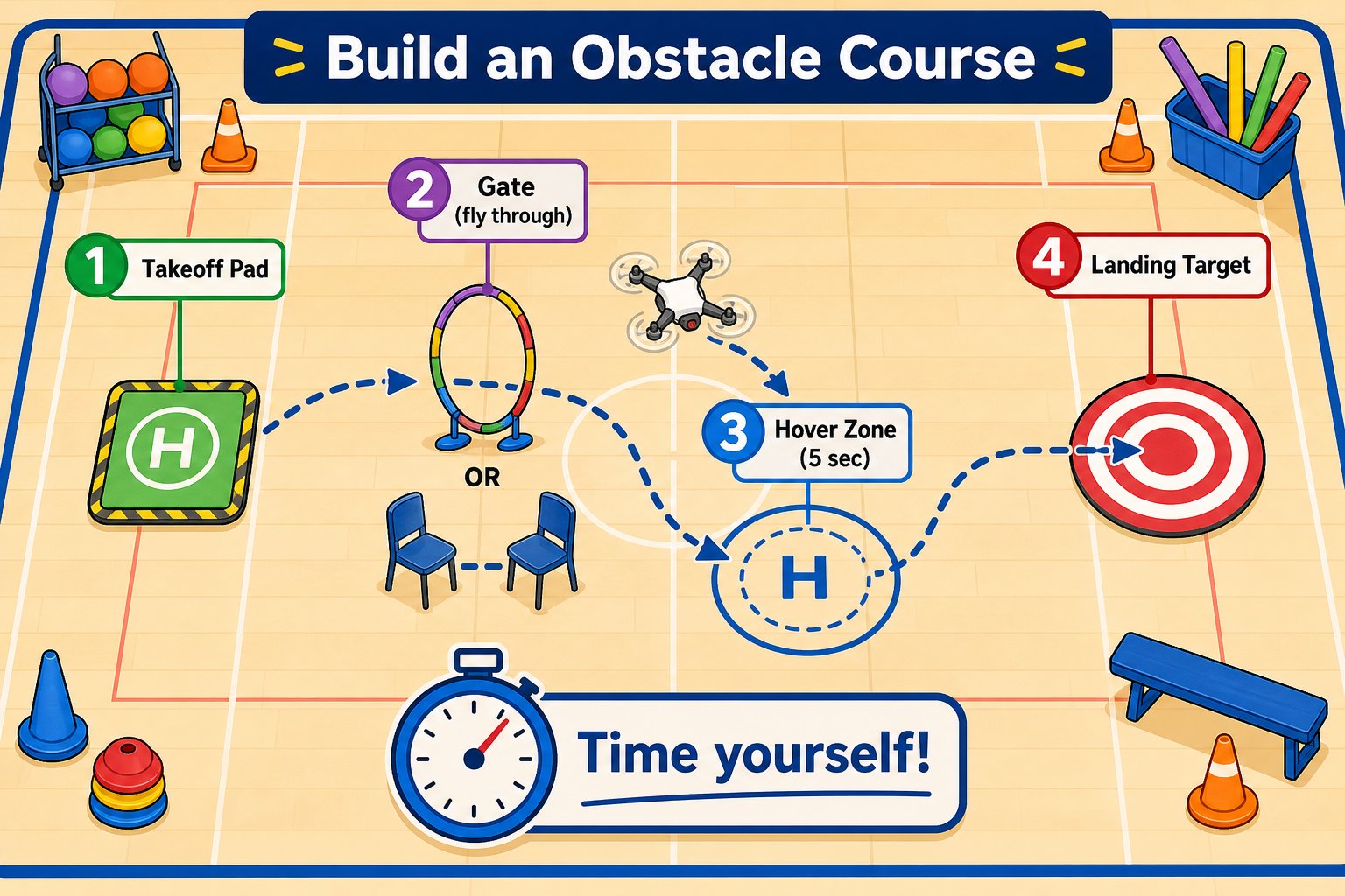 Top-down obstacle course map with takeoff pad, gate, hover zone, and landing target