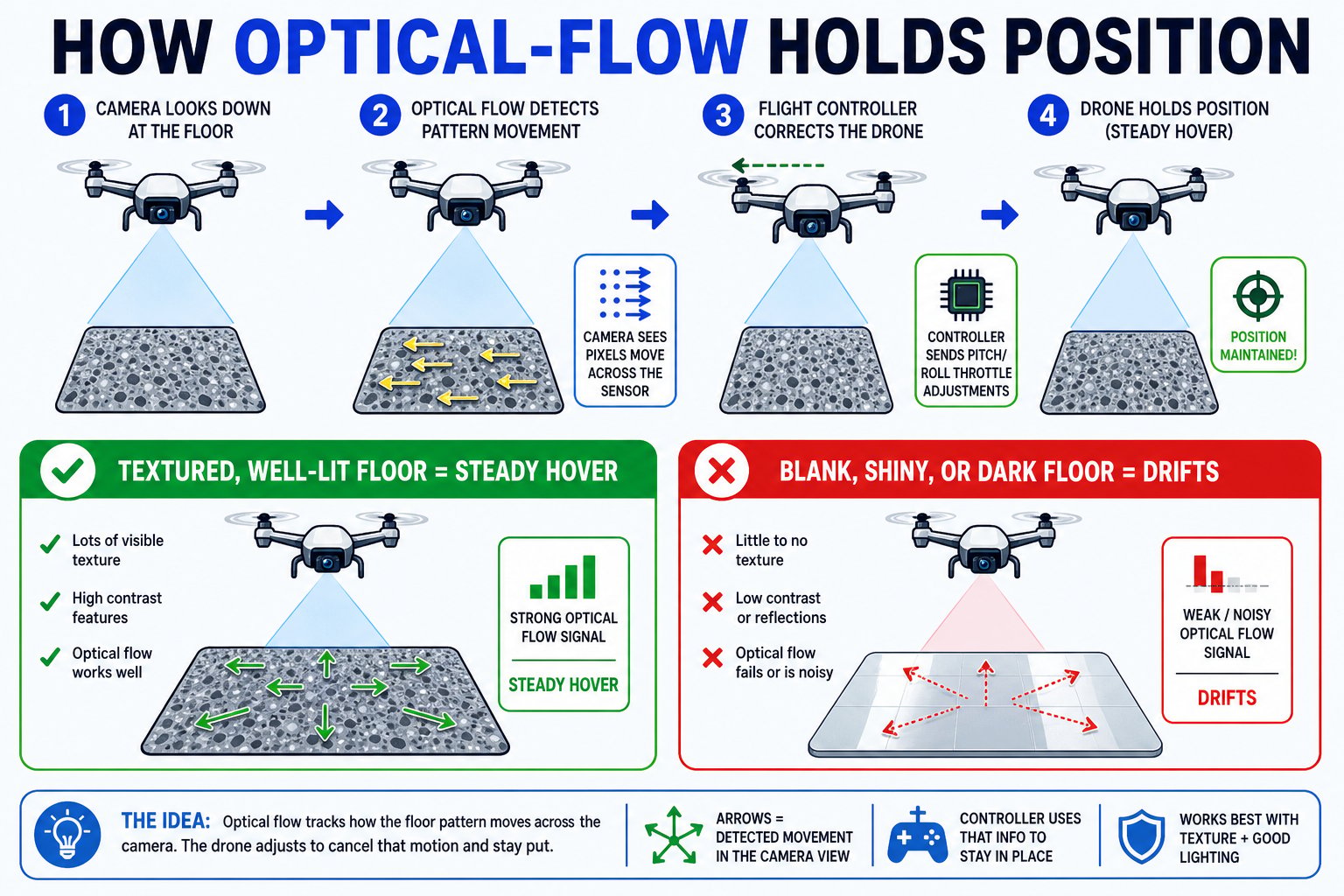 Diagram of optical flow watching floor texture, comparing a textured well-lit floor to a blank shiny floor