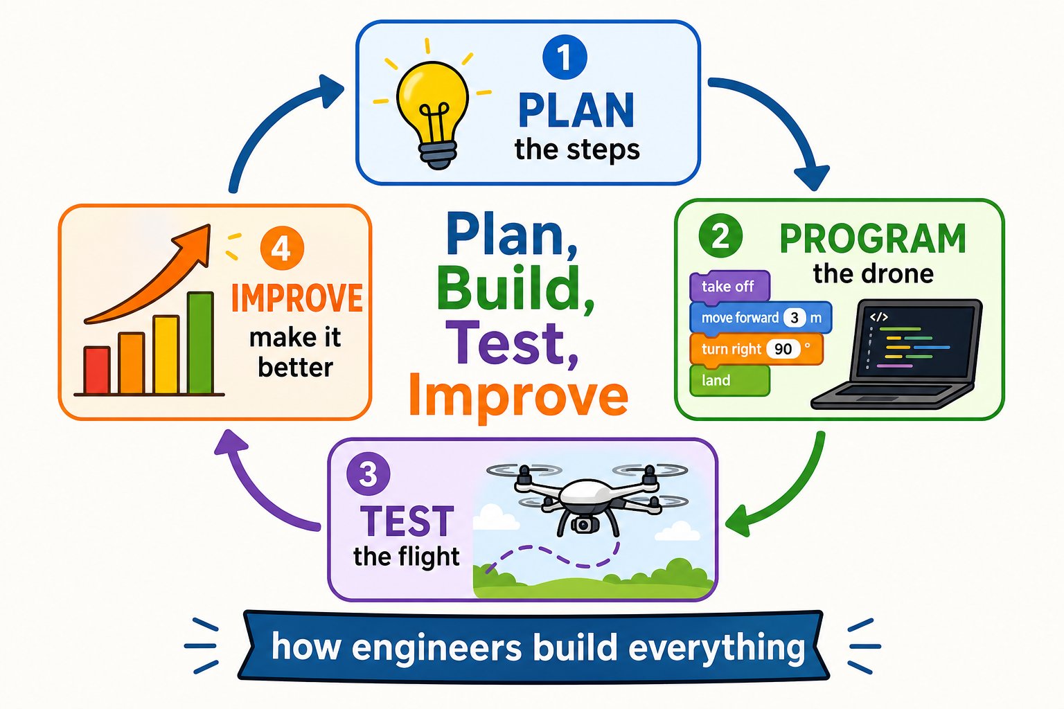 The engineering cycle: plan, build, test, improve