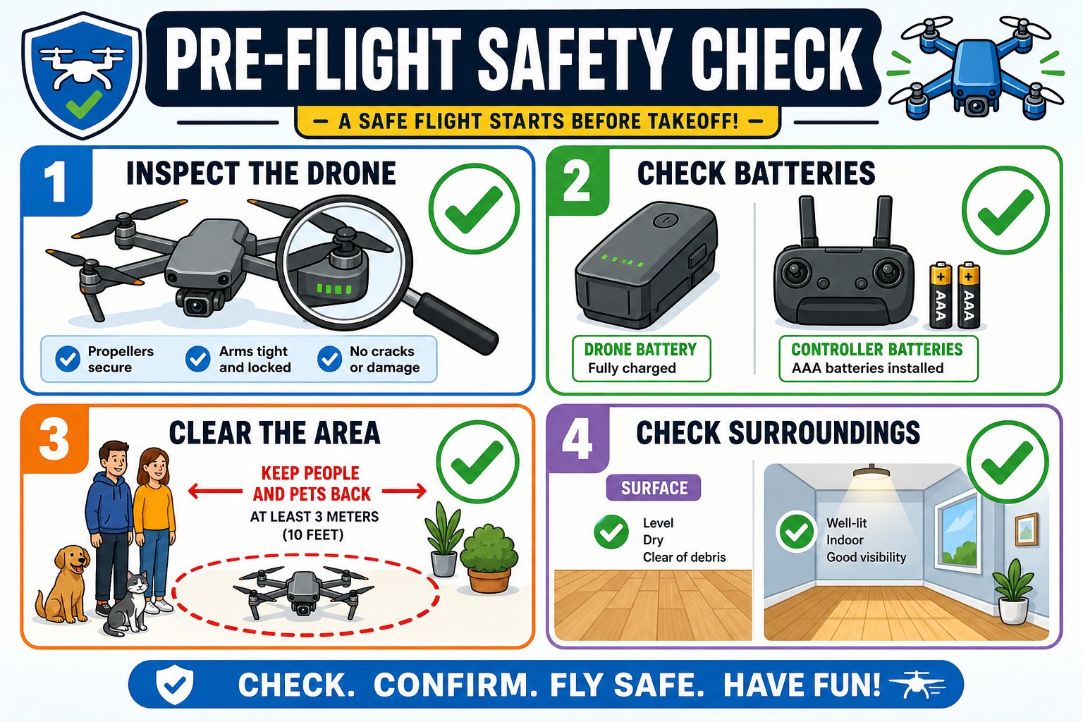 Pre-flight checklist infographic: inspect the drone, check batteries, clear the area, check surroundings