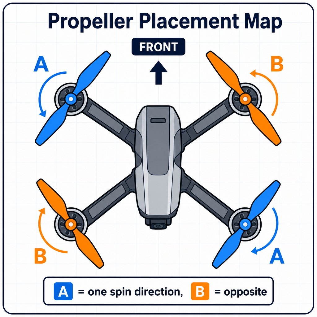 Top-down map of the drone showing A and B propeller positions with spin-direction arrows