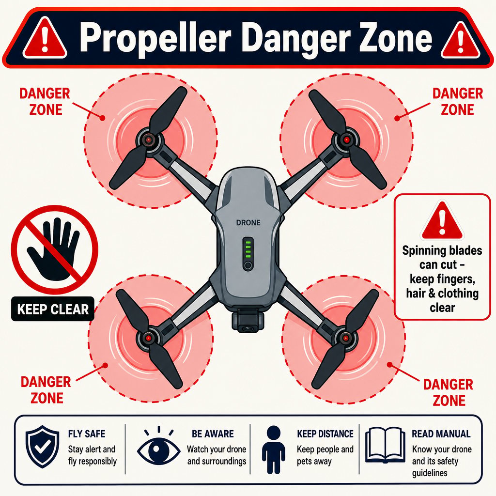 Top-down drone diagram with red danger-zone rings around each spinning propeller and a keep-clear symbol