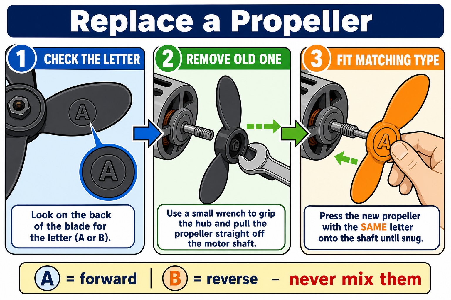 Three-step diagram: check the A or B letter, remove the old propeller with a wrench, fit the matching type
