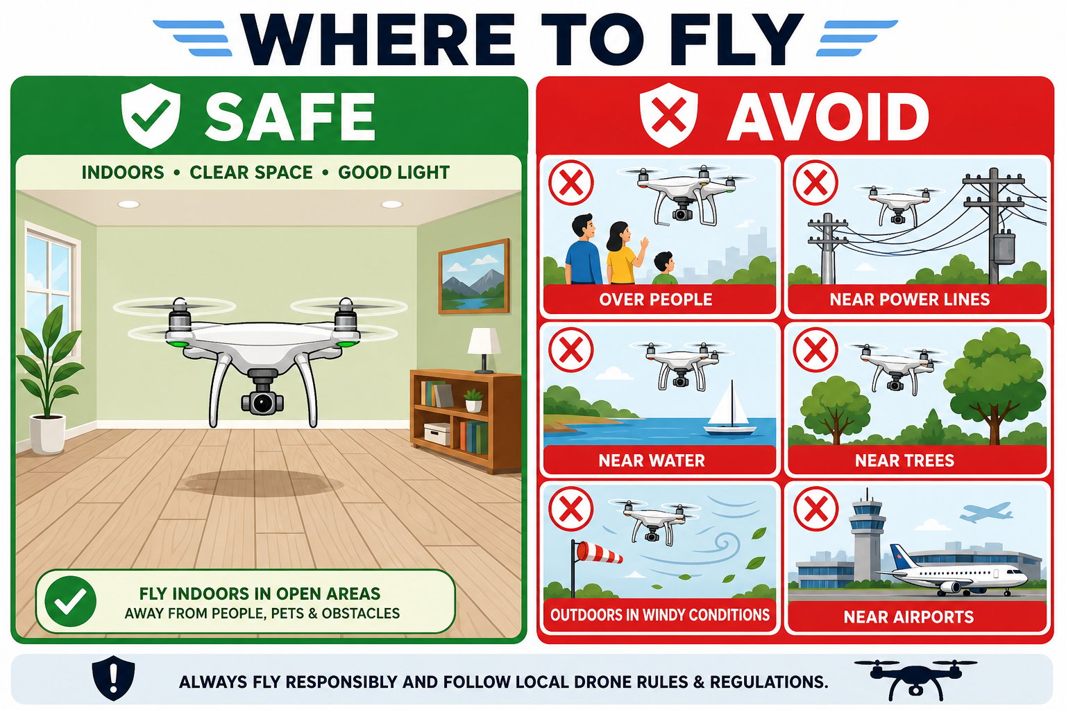 Split diagram of safe indoor flying versus unsafe places like over people, near power lines, water, trees, wind, and airports