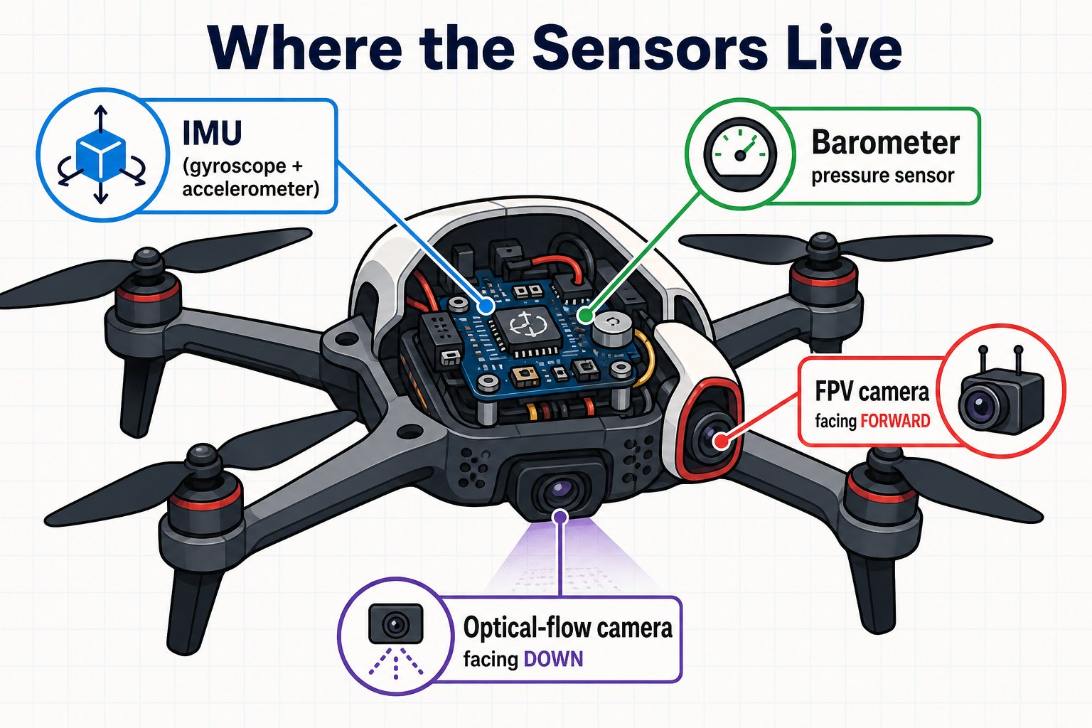 Cutaway diagram showing the IMU at the center, optical-flow camera on the belly, barometer on the board, and FPV camera on the nose