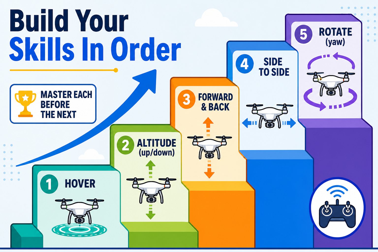 Skill ladder from hover to altitude to forward/back to side-to-side to rotate