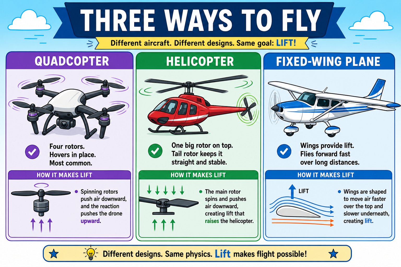 Comparison of quadcopter, helicopter, and fixed-wing plane and how each makes lift