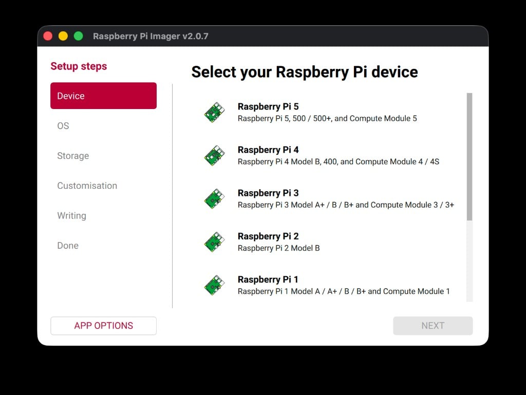 Device selection screen