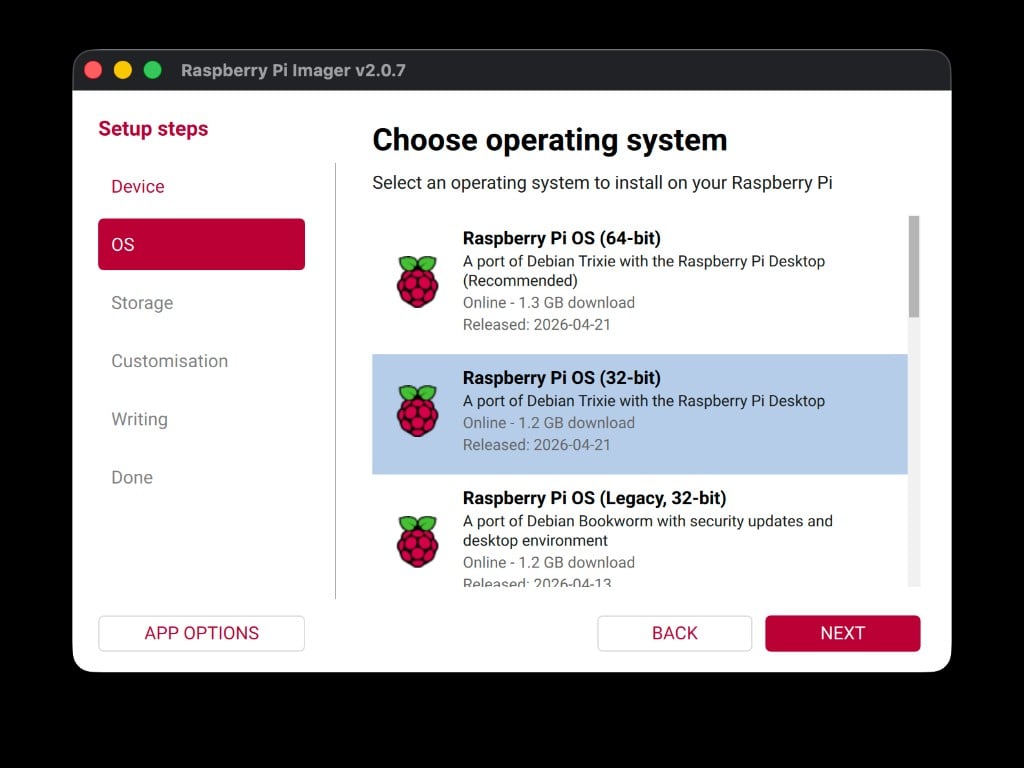 Raspberry Pi OS 32-bit highlighted