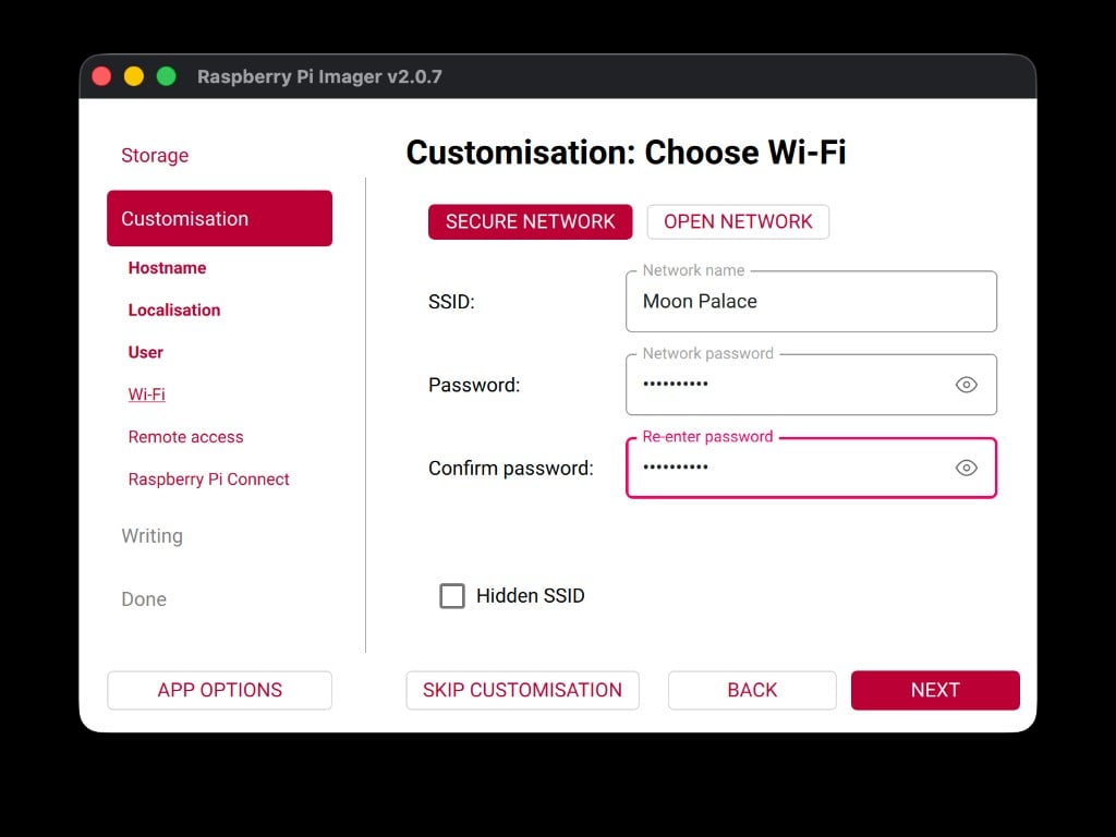 WiFi SSID and password entered
