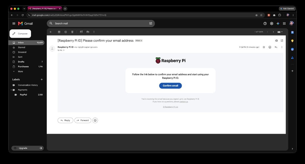 Gmail showing the Raspberry Pi confirmation email