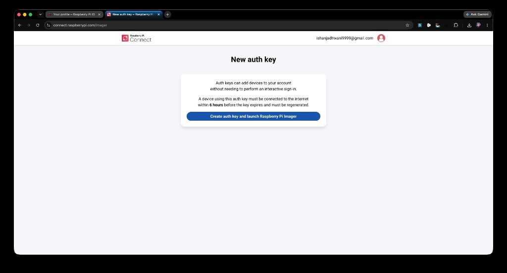 New auth key — create and launch Imager