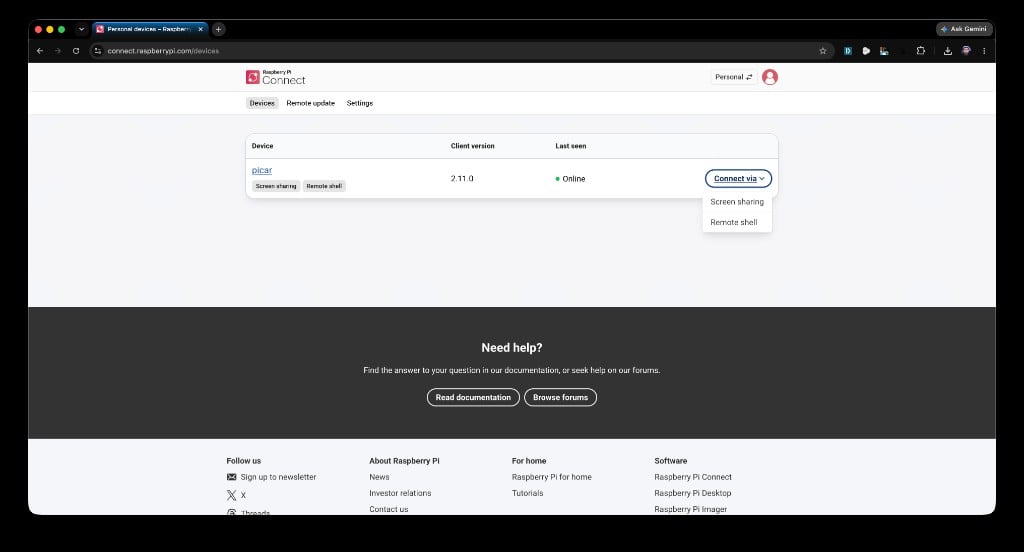 Robot showing as online in Raspberry Pi Connect