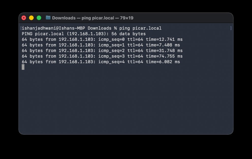 Terminal showing successful ping responses from picar.local