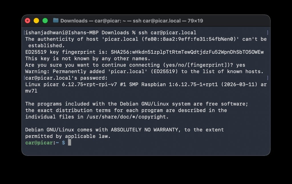 Terminal showing successful SSH login to the Raspberry Pi