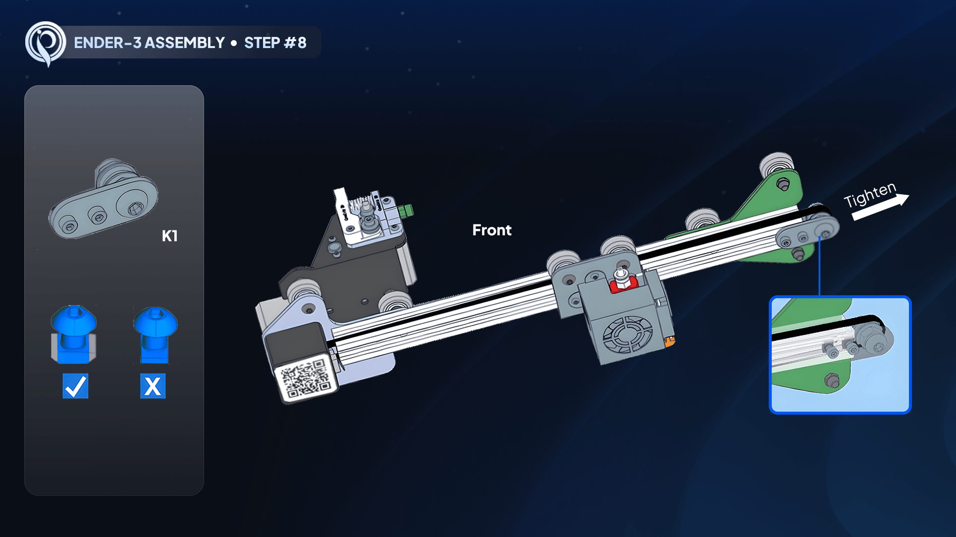 Diagram showing the timing belt routed around the extruder bar gears and clamps