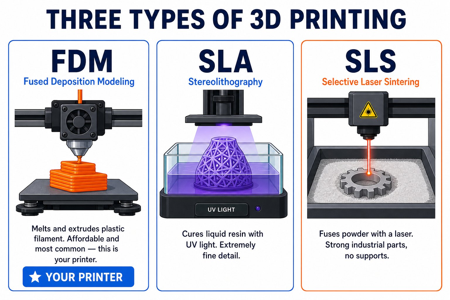 Comparison of FDM, SLA, and SLS 3D printing