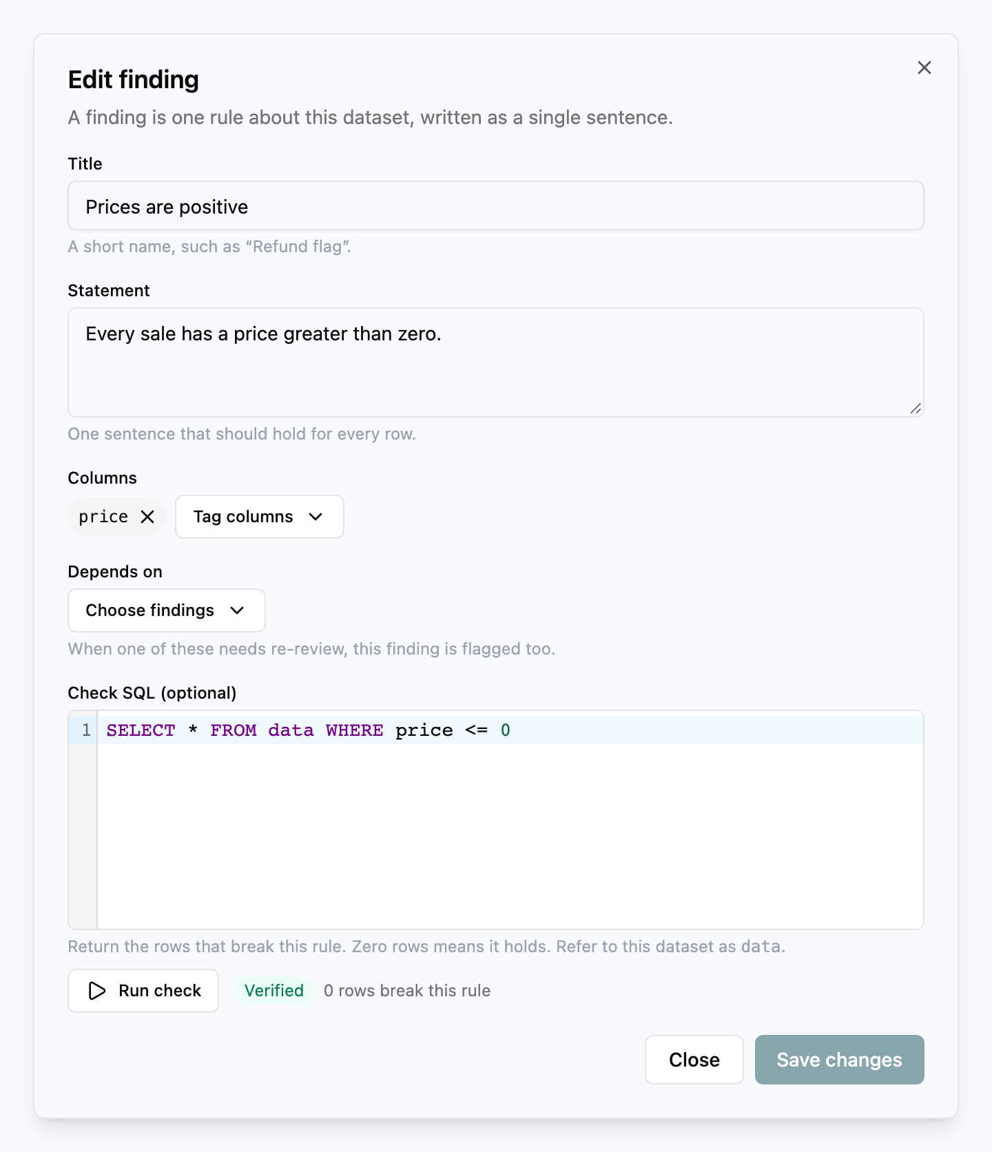 The finding dialog with a title, a statement, the price column tag and a check that returned 0 rows