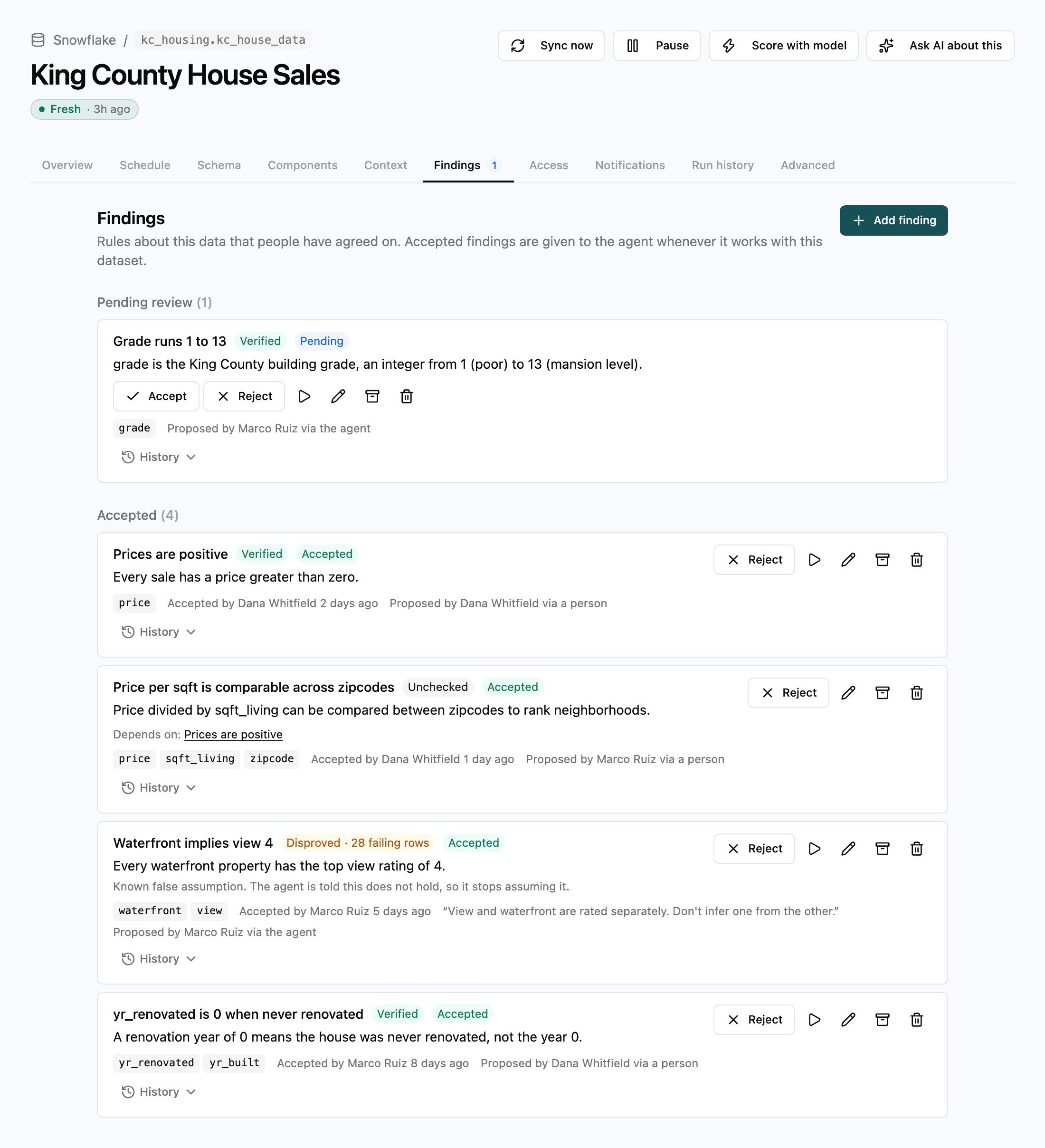 The Findings tab on a house sales dataset, with one finding pending review and four accepted findings