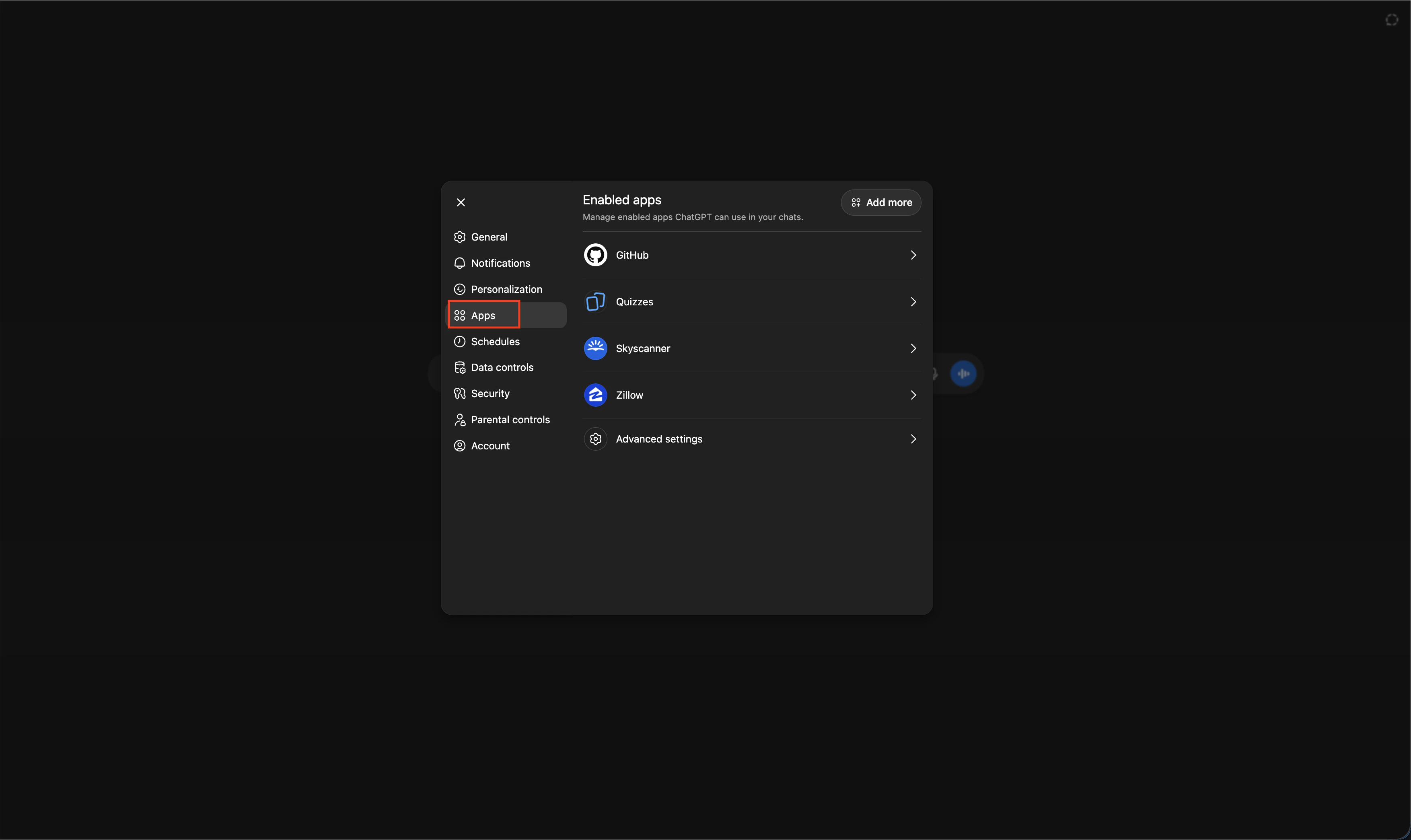 ChatGPT Apps settings page