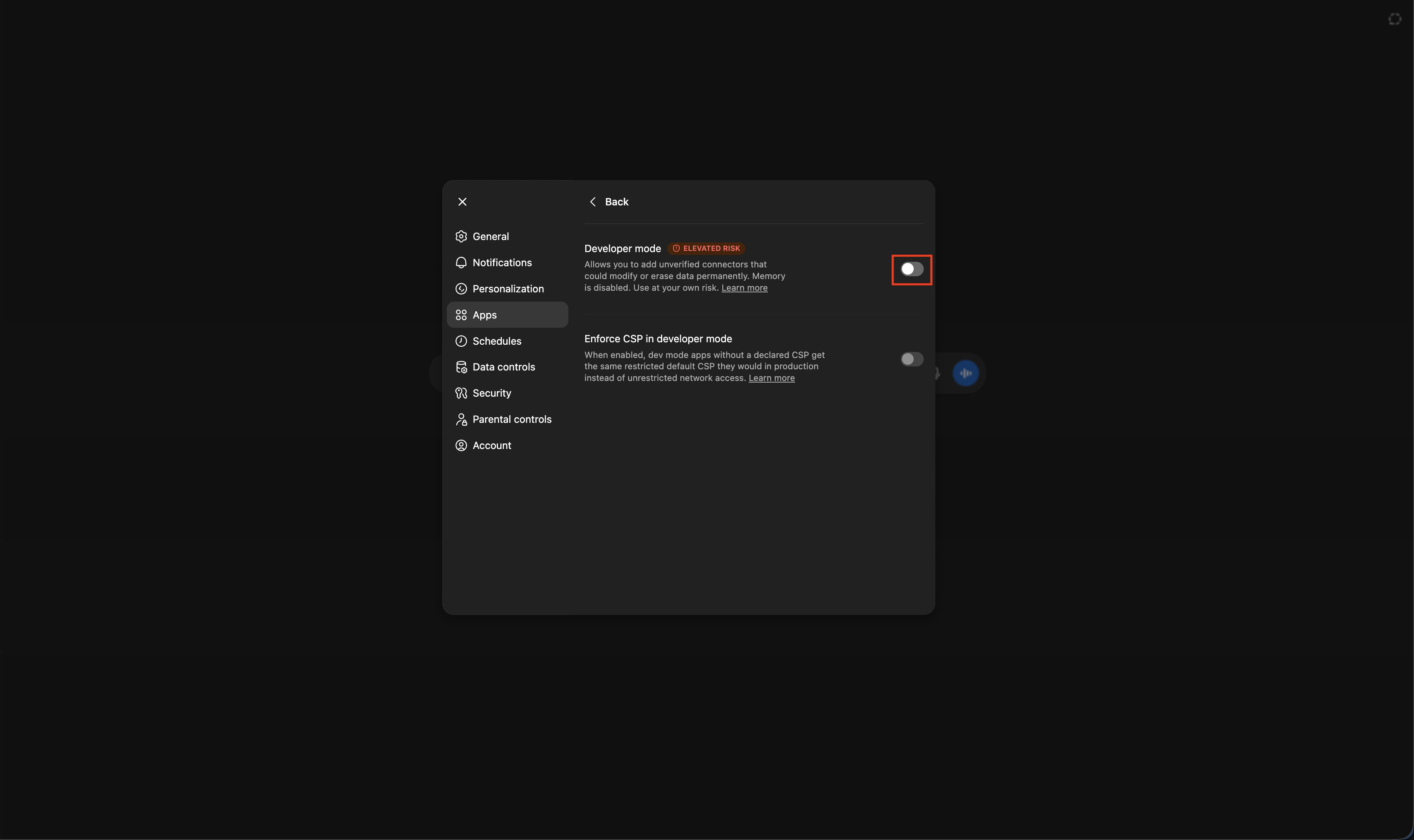 Developer mode toggle in ChatGPT Advanced settings