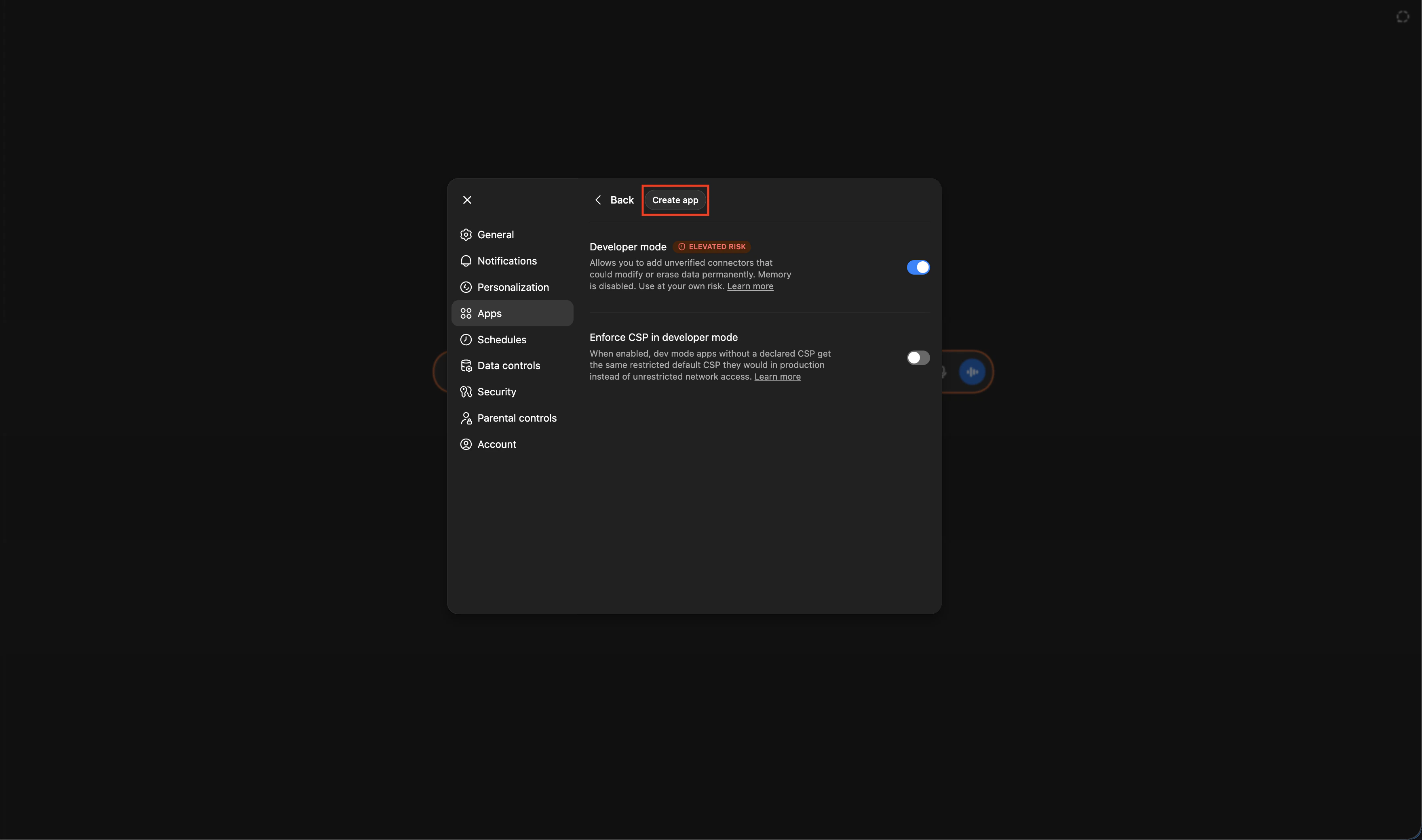 Create app button in ChatGPT