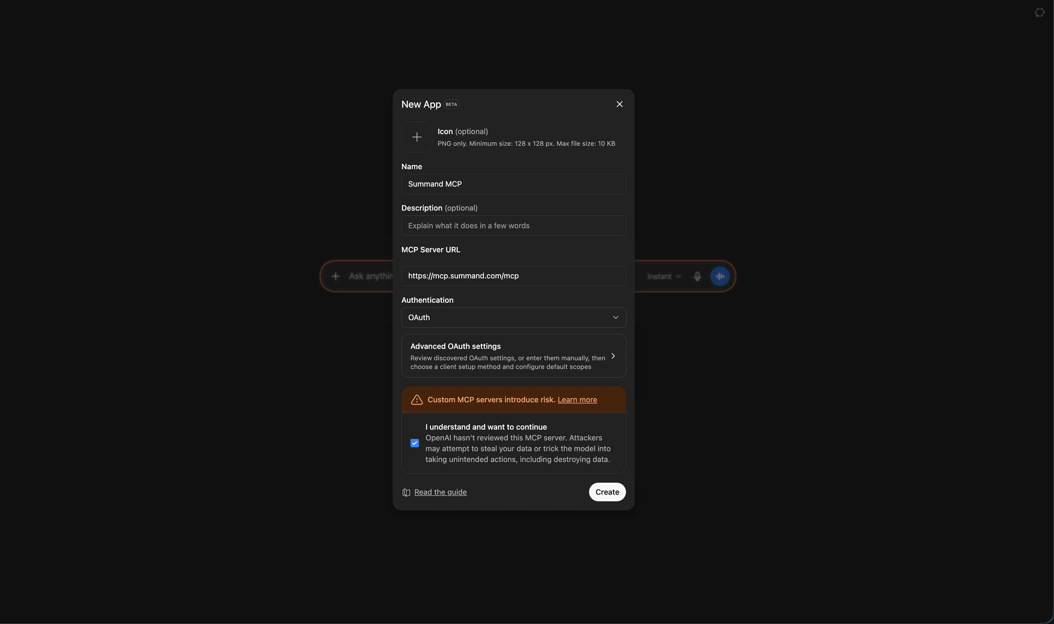 ChatGPT MCP server setup form