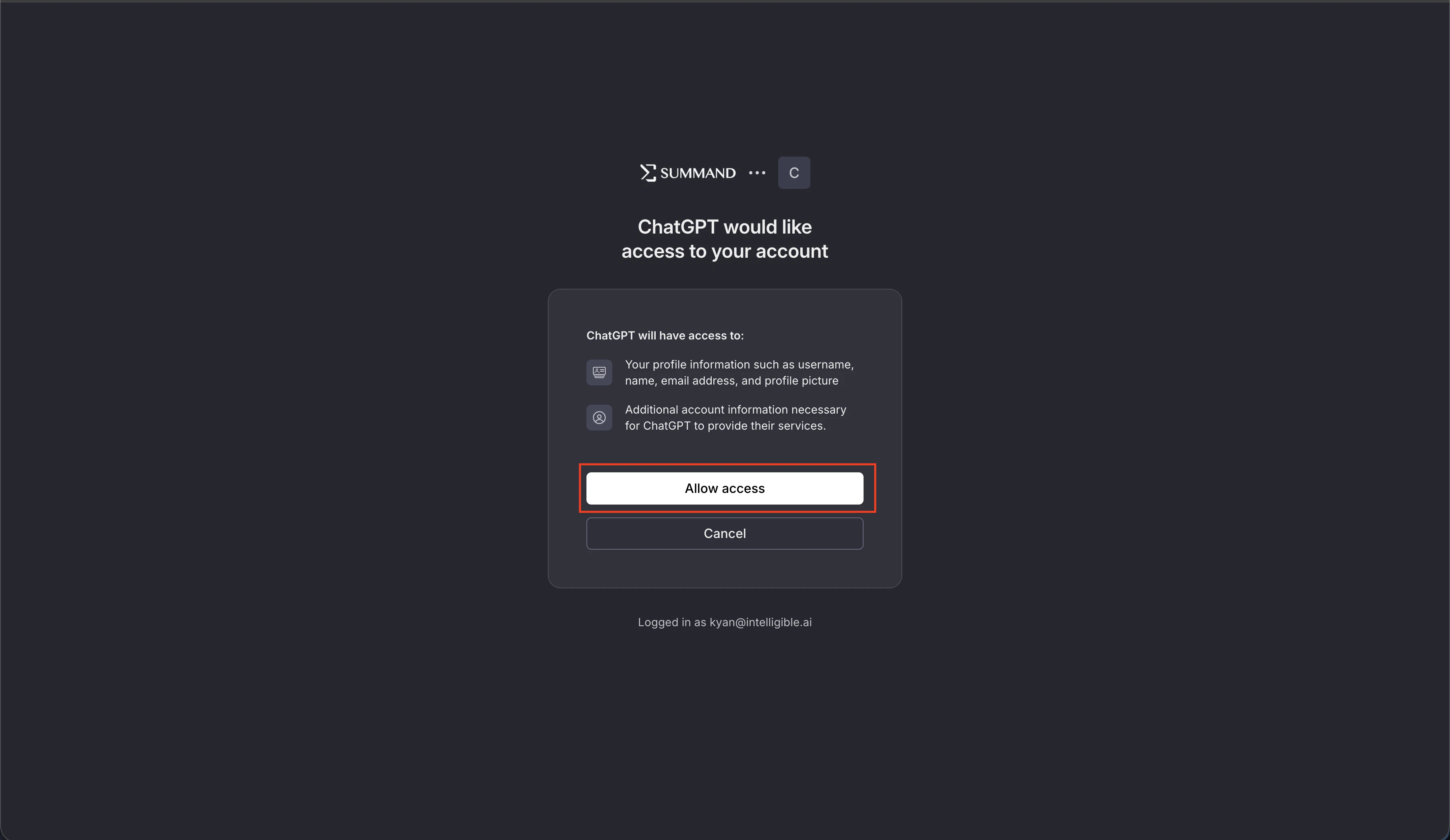Summand OAuth consent screen for ChatGPT