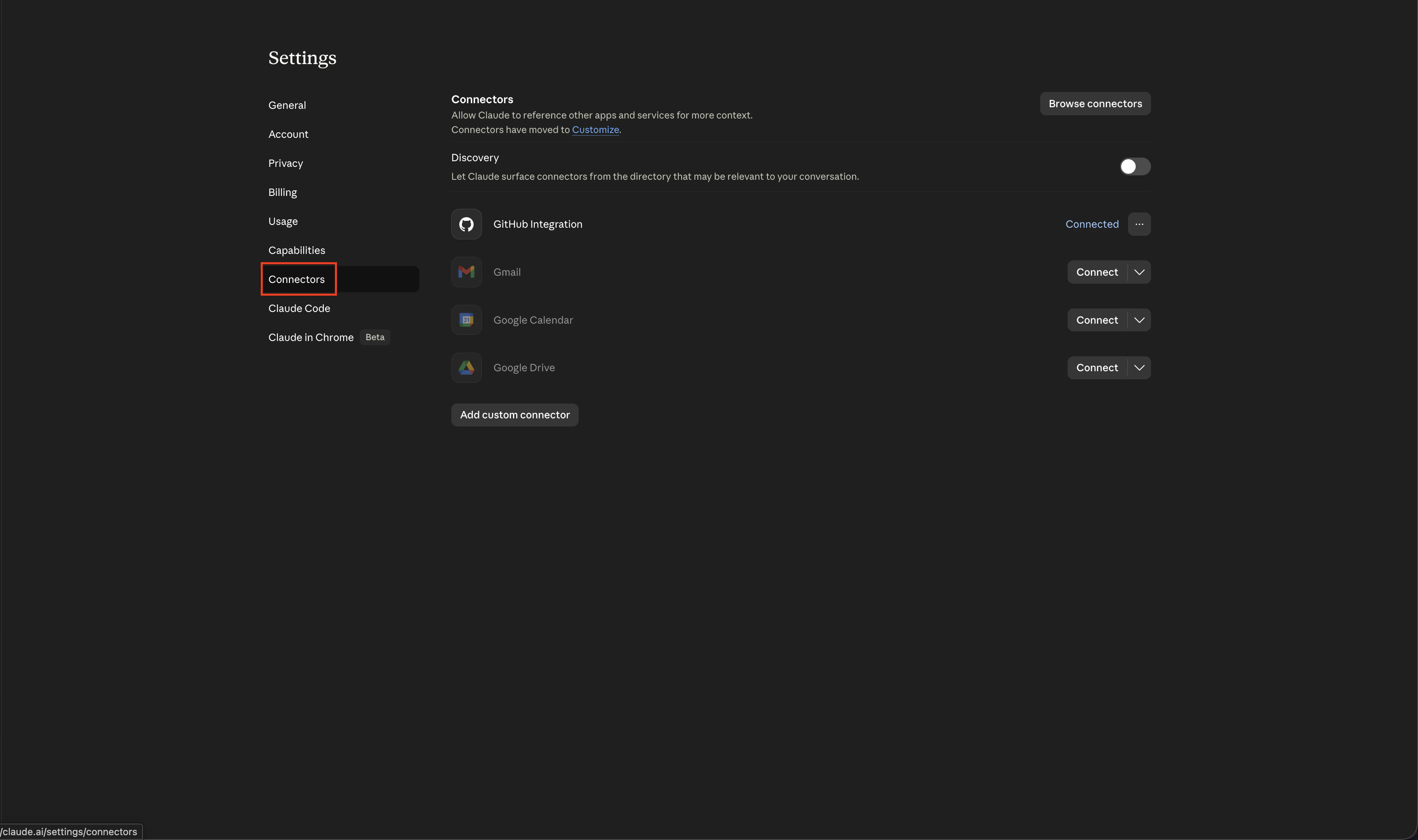 claude.ai Connectors settings page