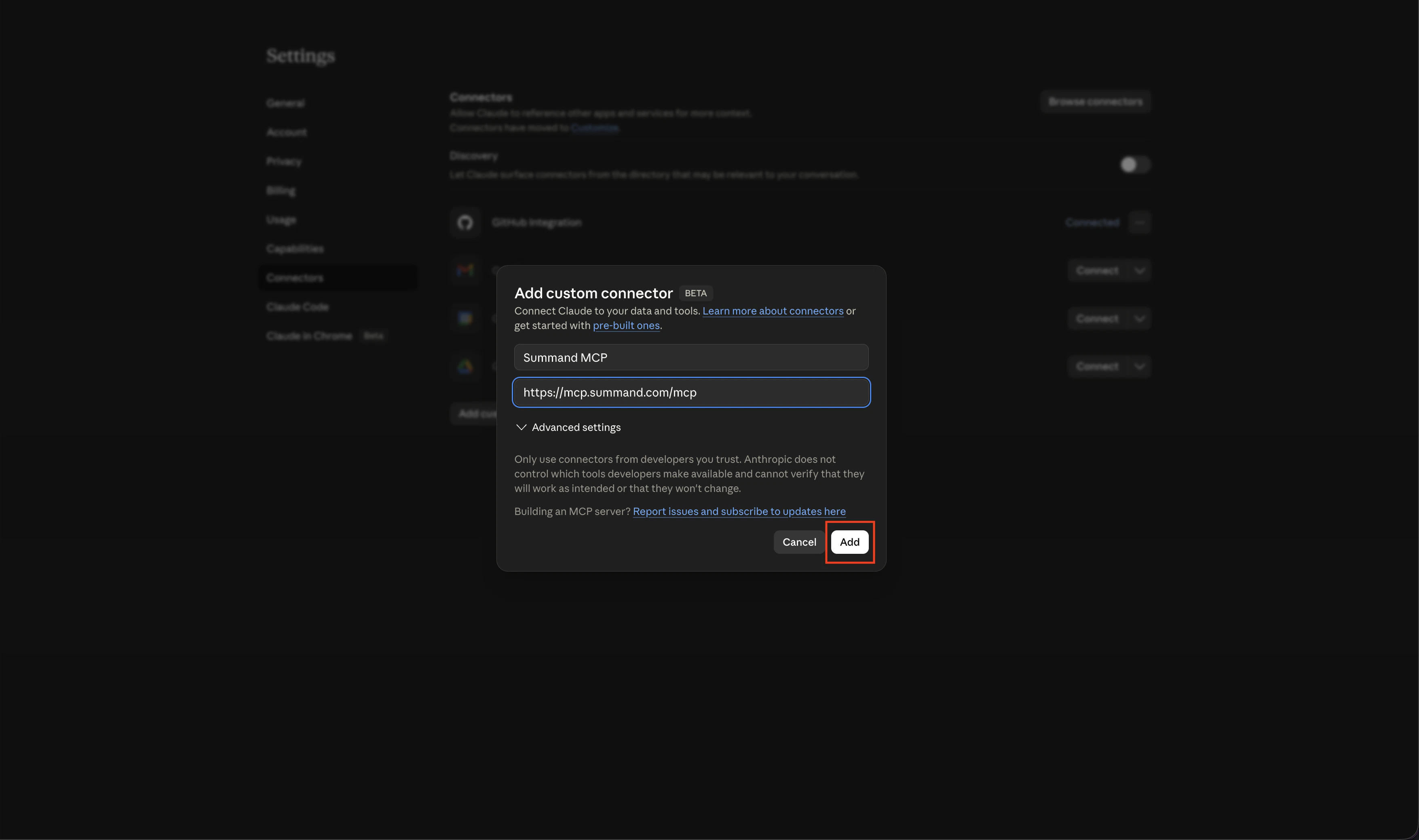 Custom connector form with Summand MCP server URL