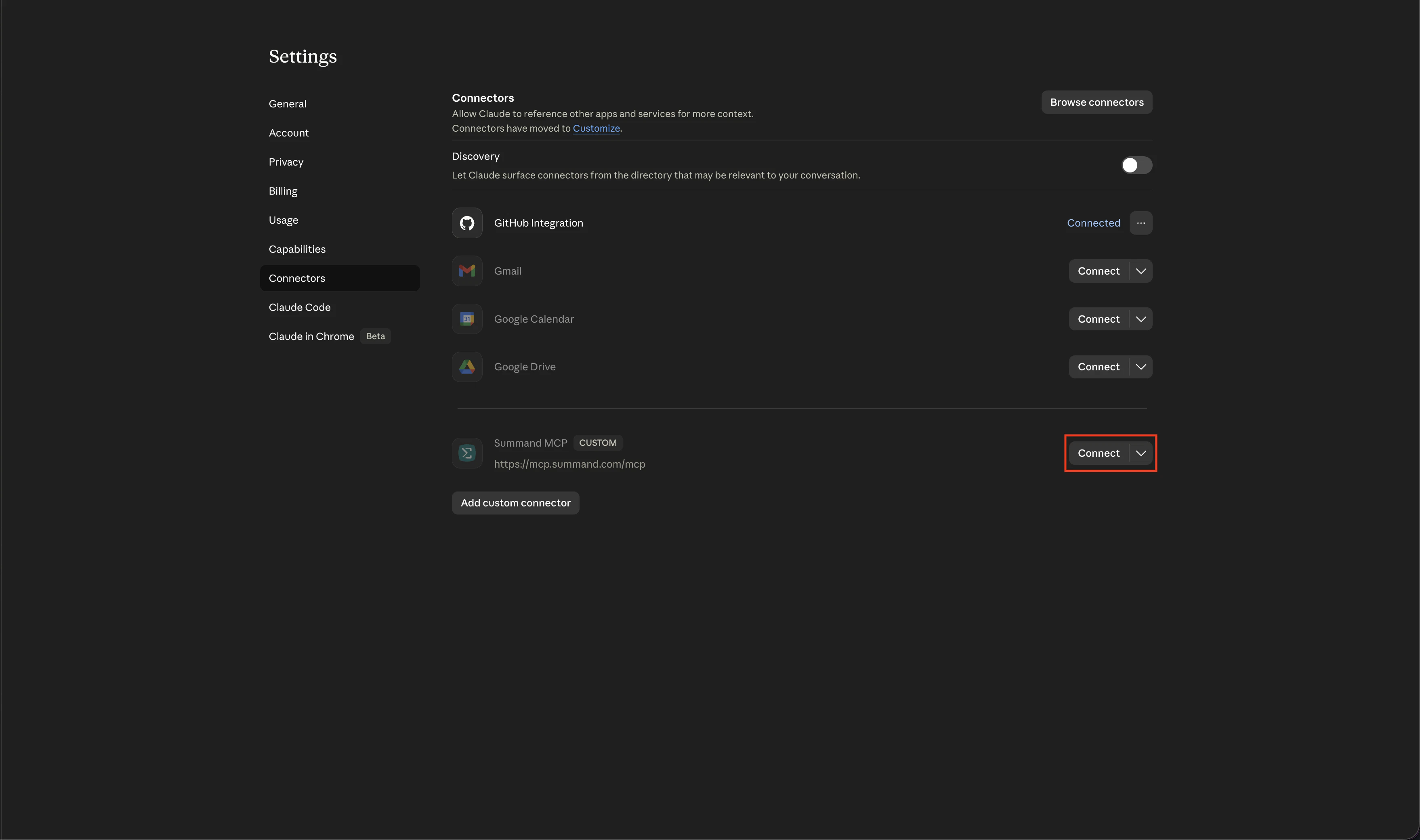 Connect button on the Summand MCP entry