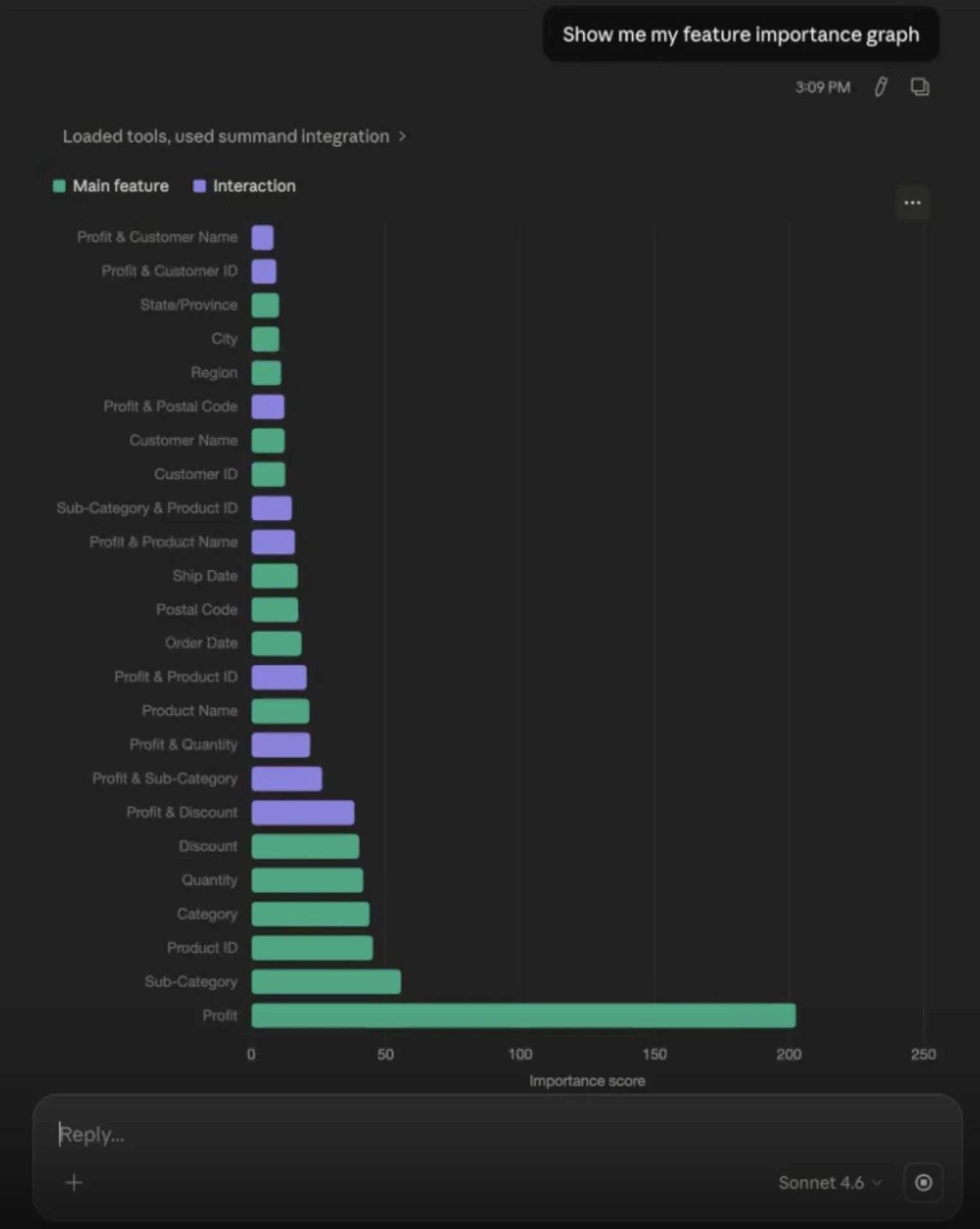 AI client returning a feature importance graph from Summand