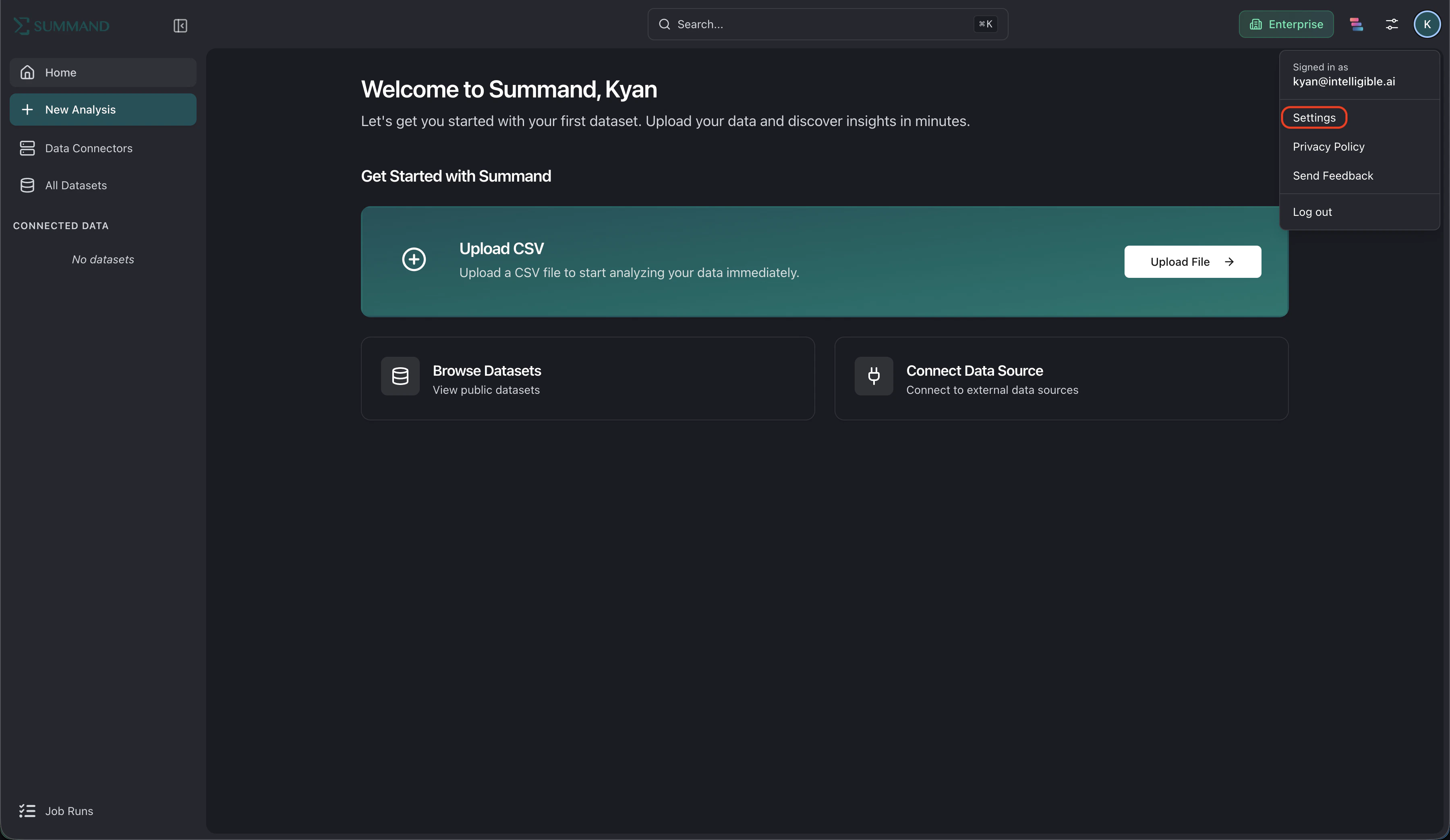 Opening Settings in the Summand dashboard