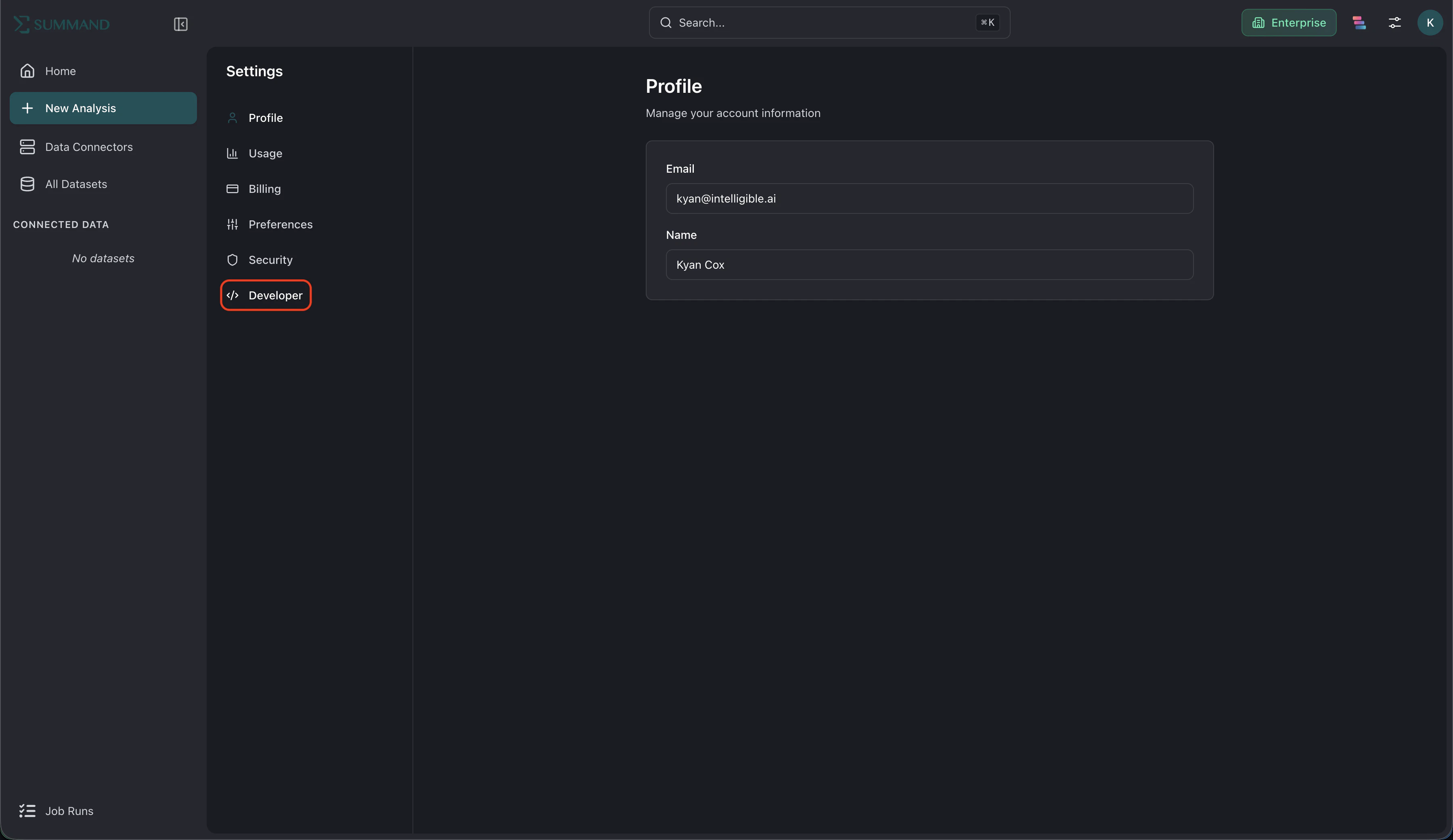 Developer tab in Settings
