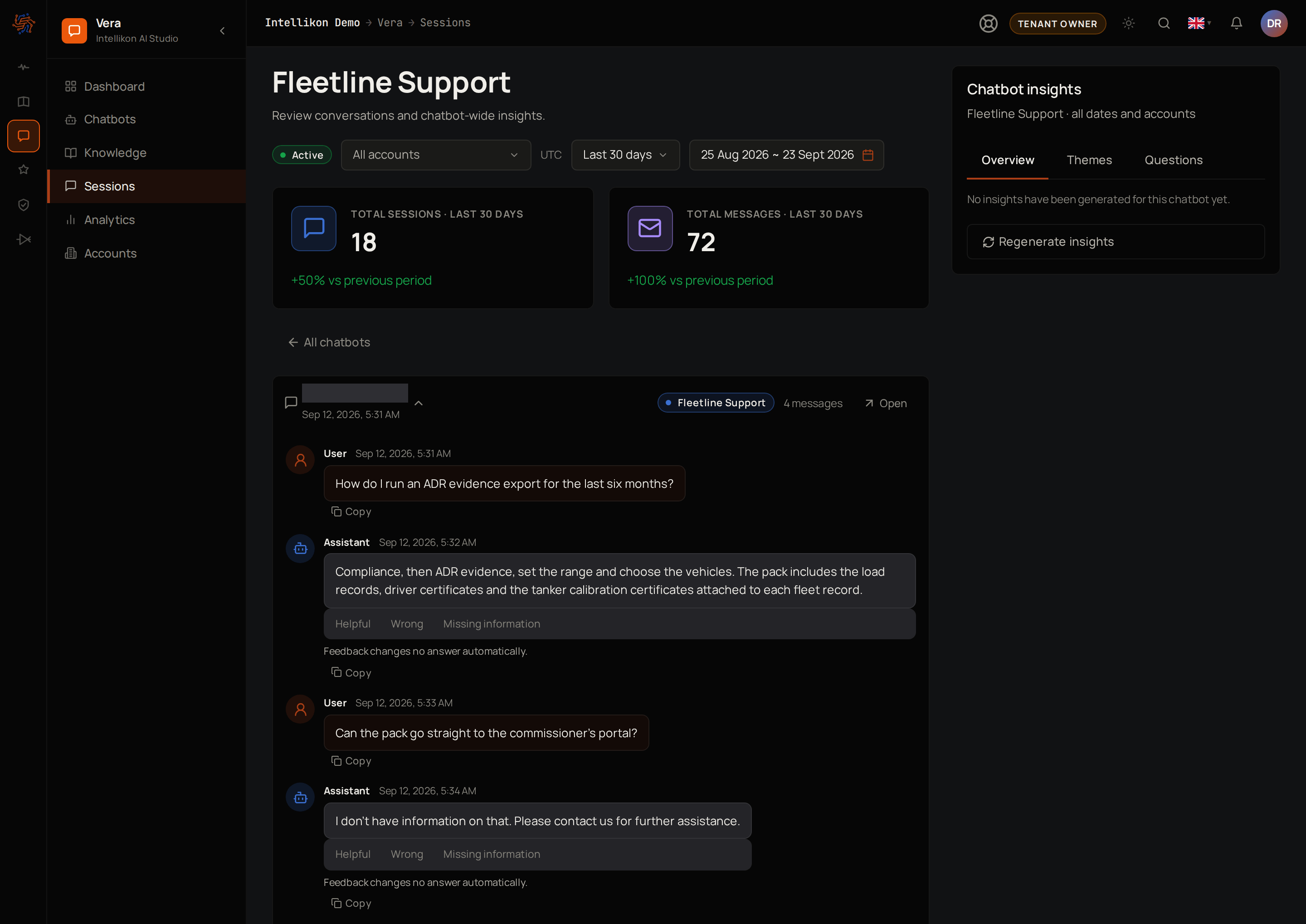 A chatbot's sessions, with its session and message totals at the top, one conversation open with each question marked User and each reply Assistant and rating buttons under each answer, and Chatbot insights on the right.
