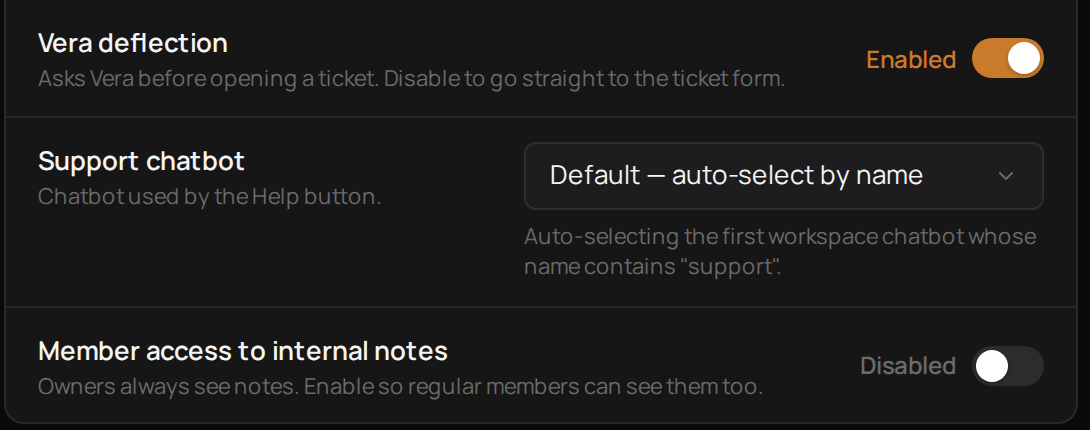 Aegis settings with Vera deflection turned on, Support chatbot set to Default, and Member access to internal notes.