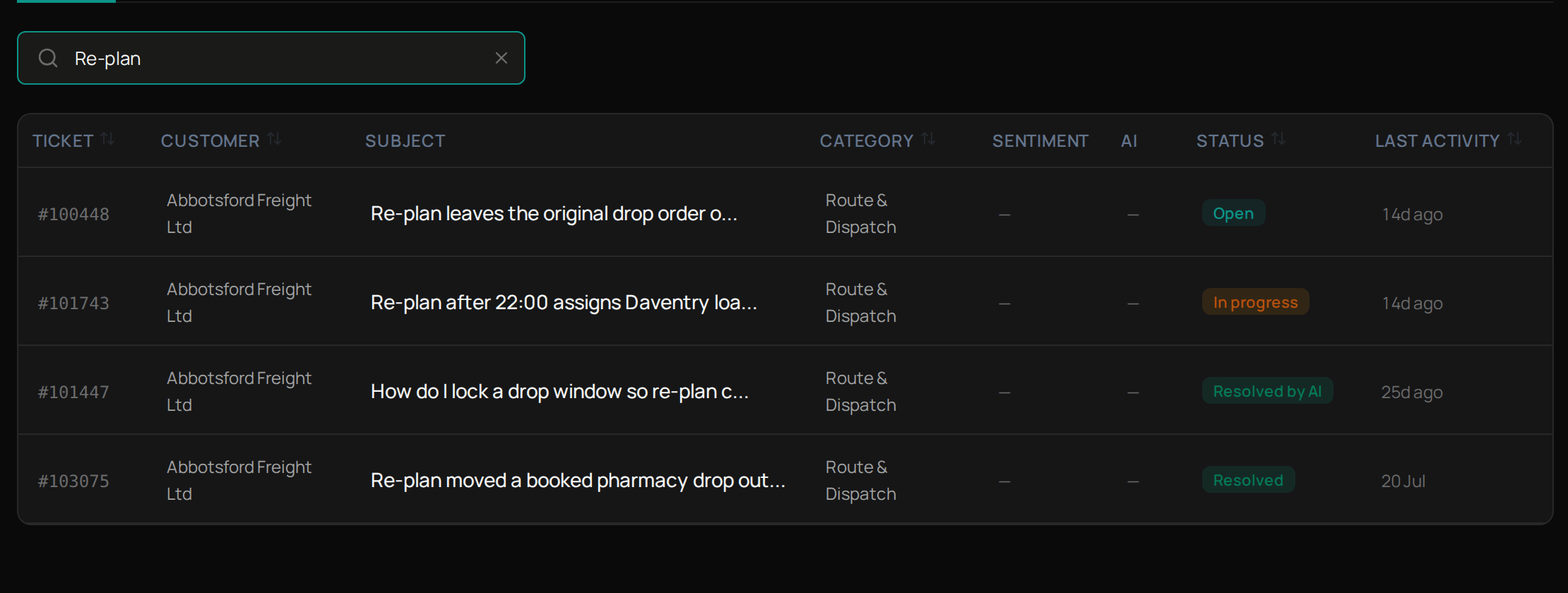 The Inbox status tabs and a search for tickets about re-planning, with the matching tickets and their status.