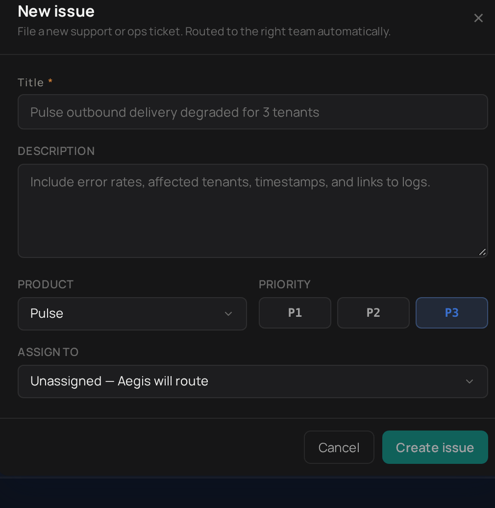 The New issue window, with Title, Description, Product, Priority and Assign to, and the Cancel and Create issue buttons.