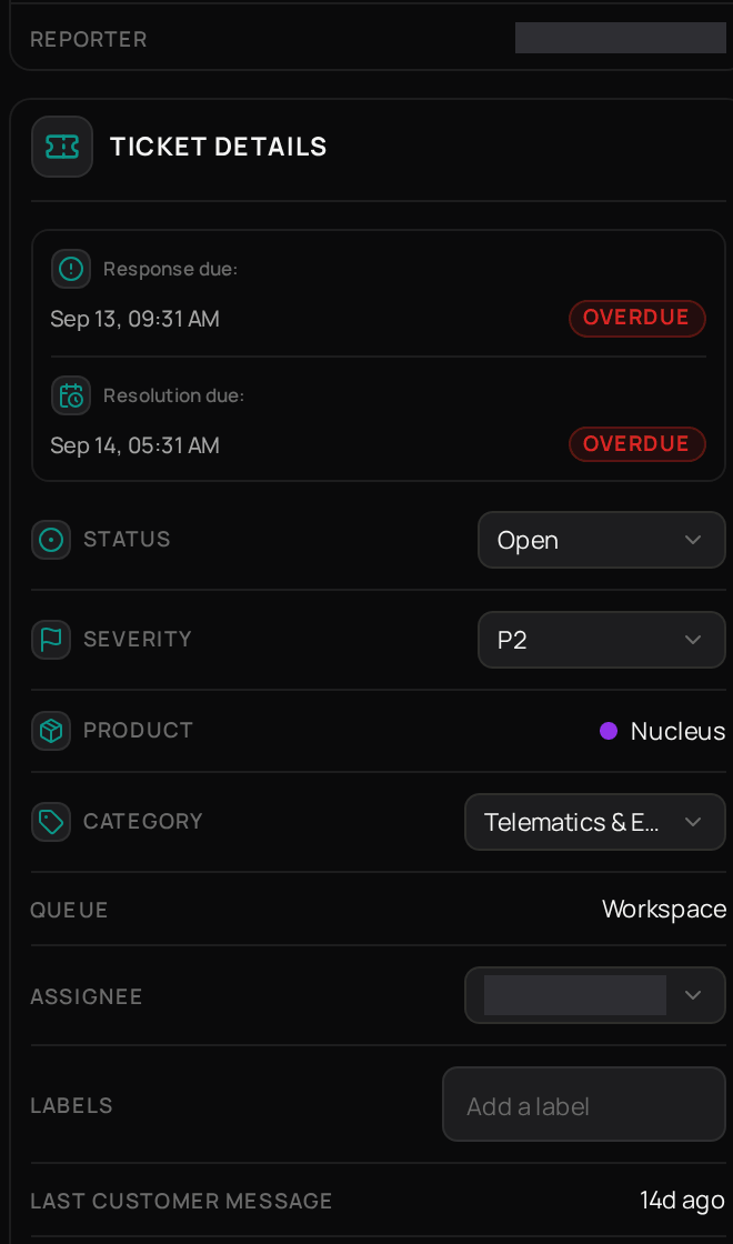 The ticket details panel, with response and resolution due, Status, Severity, Product, Category, Queue, Assignee and Labels.