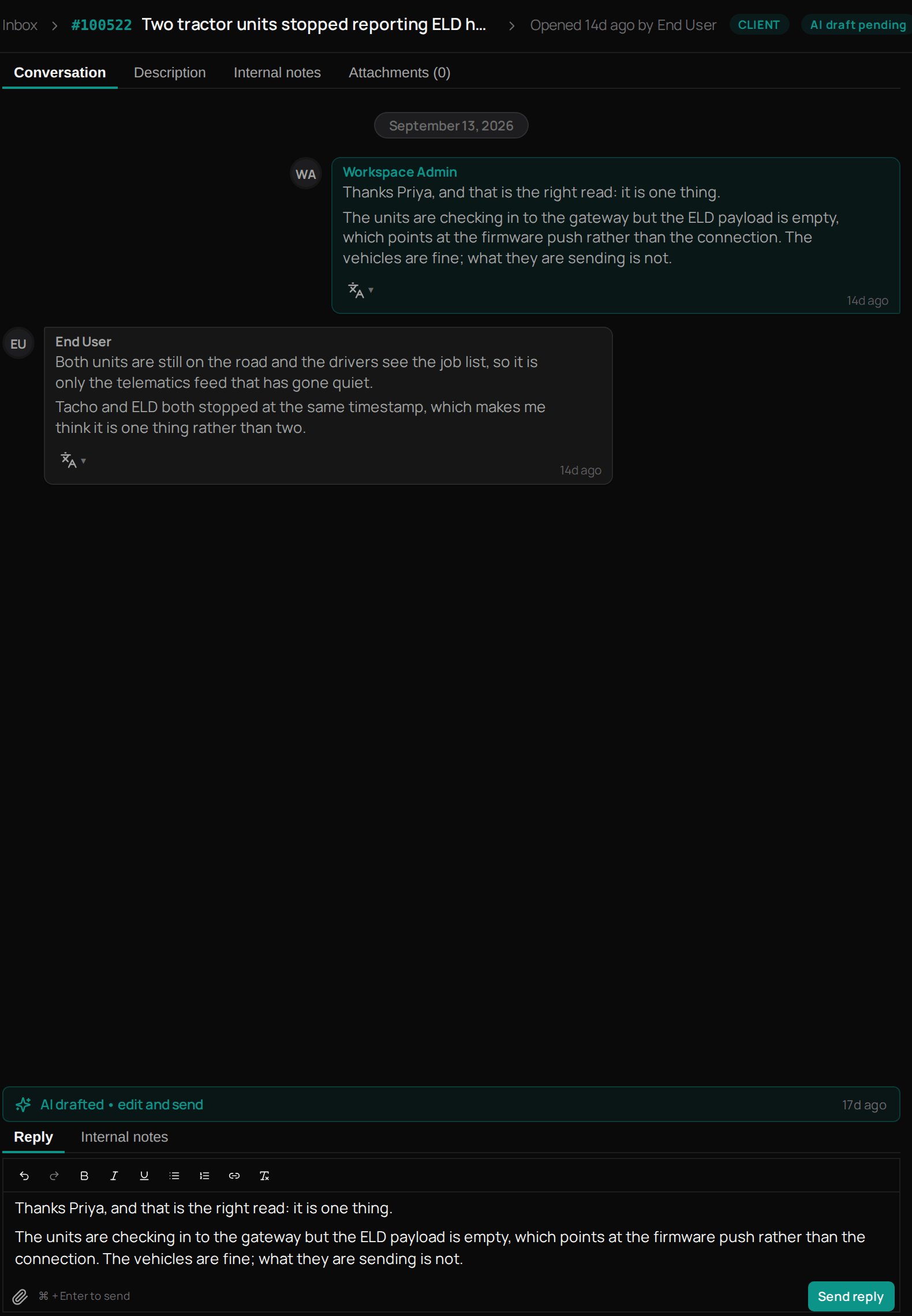 A customer ticket open in the Inbox, with the conversation and the reply box with its Send reply button.