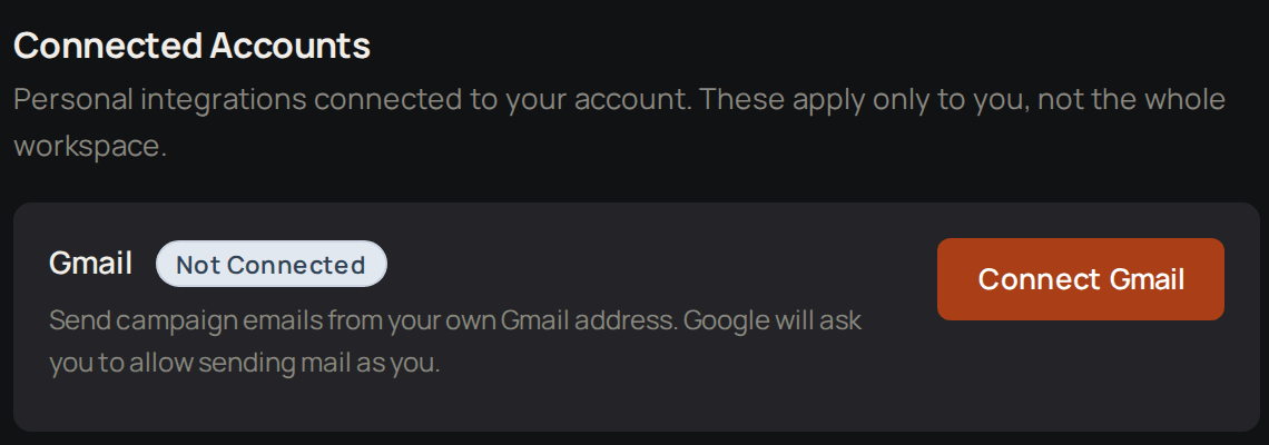Connected Accounts on your profile, with Gmail marked Not Connected and Connect Gmail.