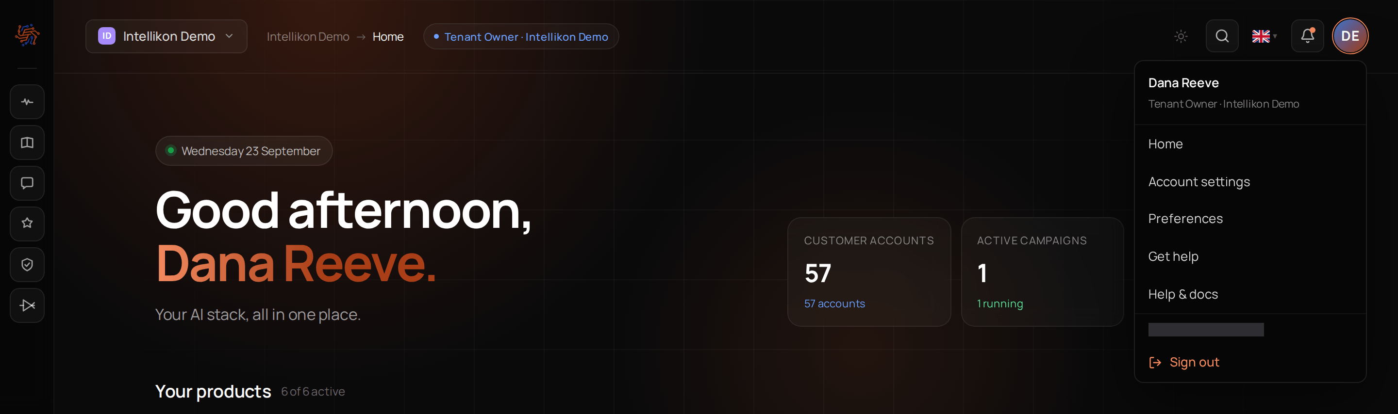The top of the Studio home screen, with the menu under your initials open at the top right and listing Home, Account settings, Preferences, Get help, Help & docs and Sign out.