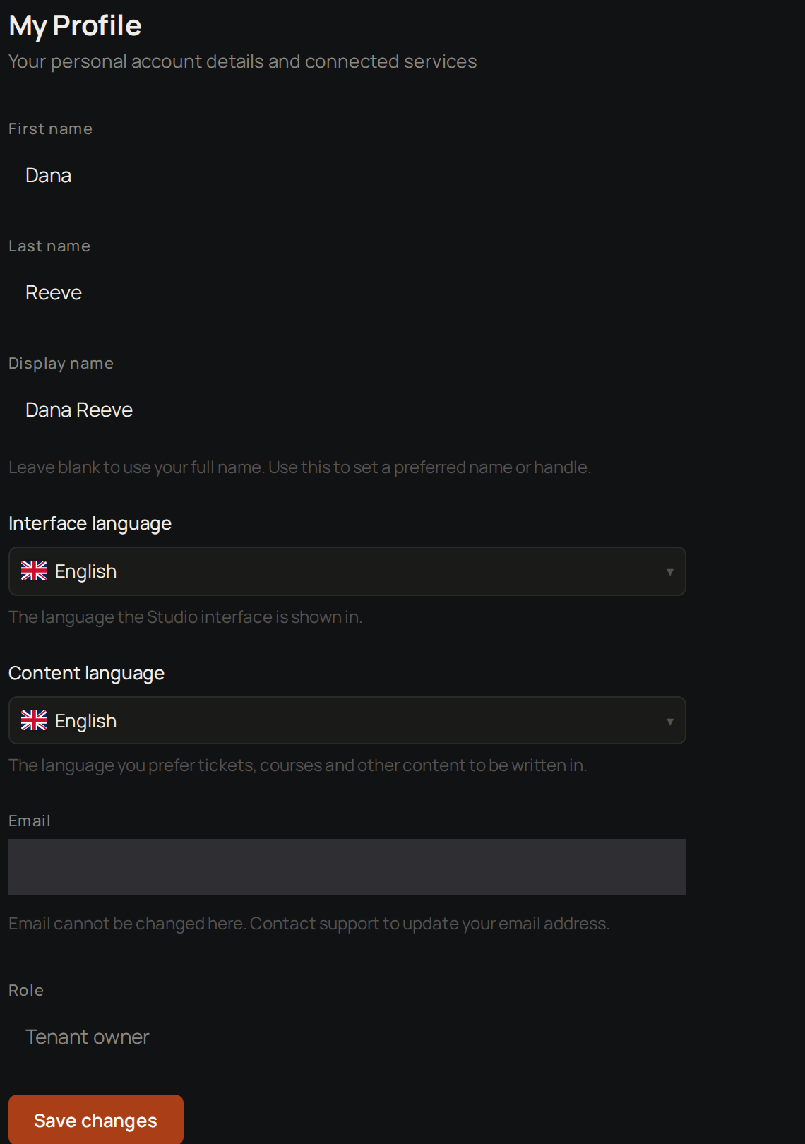 My Profile, from your name down to Role and Save changes.