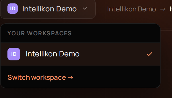 The workspace list, open under the workspace name.