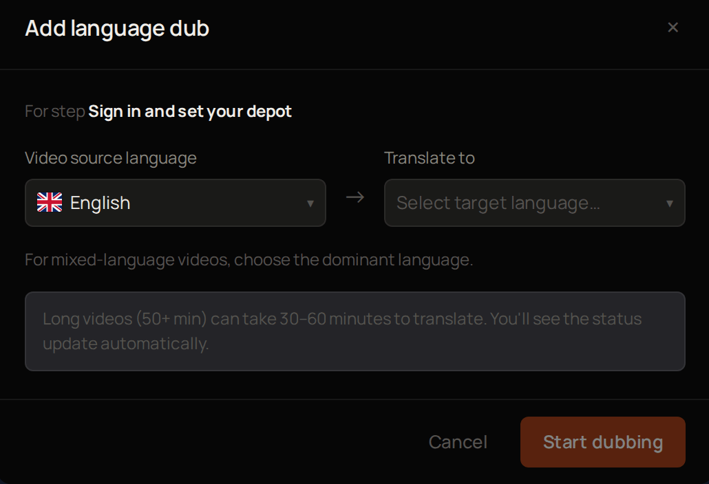 The Add language dub window, with the video source language and Translate to.