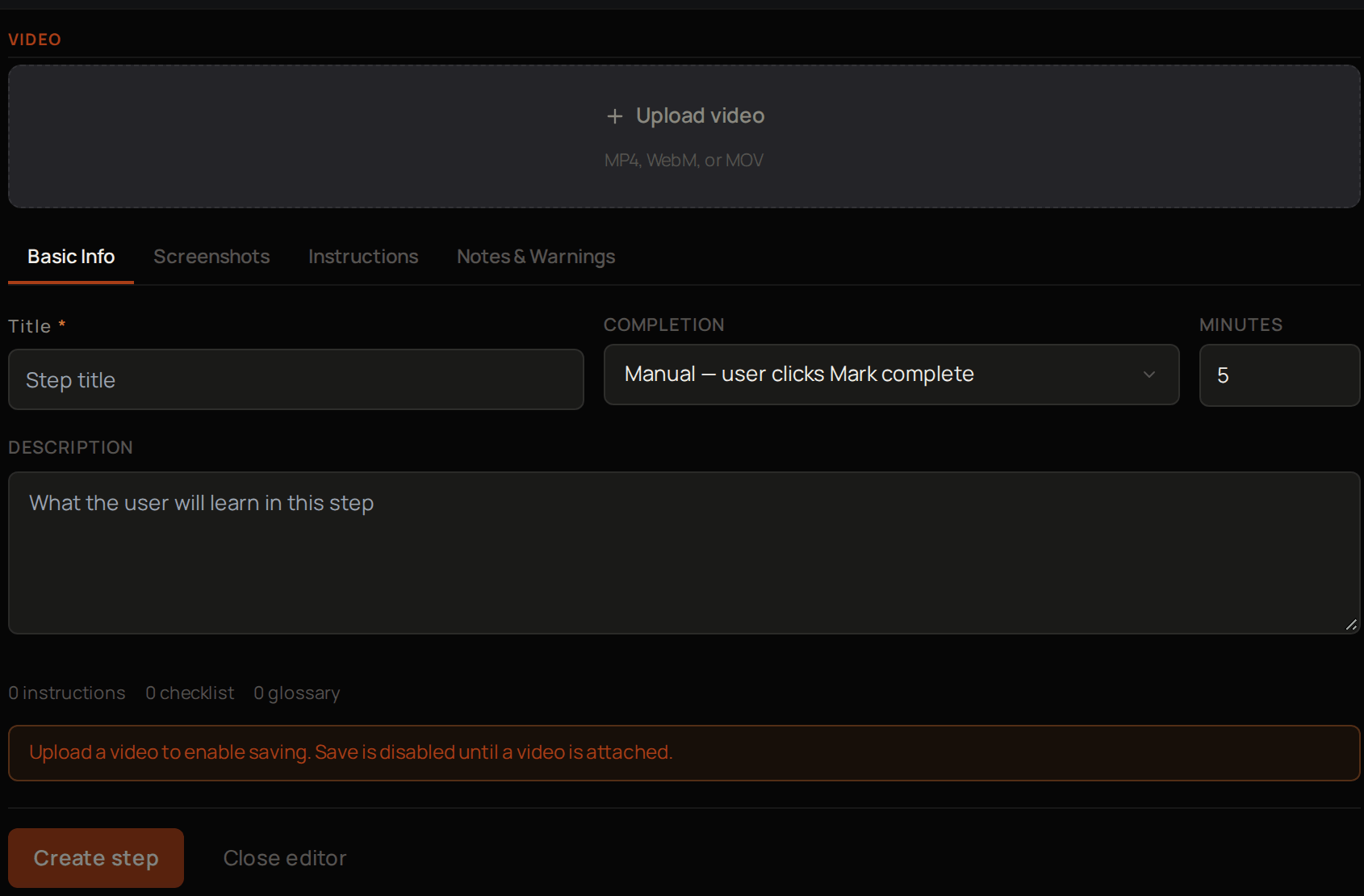 A new step, with Upload video above the tabs and Title, Completion, Minutes and Description on Basic Info.