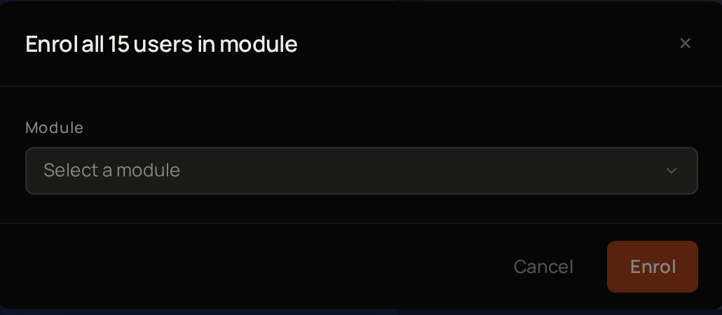 The Enrol all users in module window for an account, with the Module picker, Cancel and Enrol.