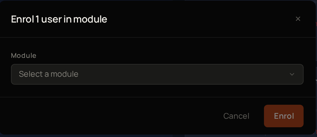 The Enrol 1 user in module window, with the Module picker, Cancel and Enrol.