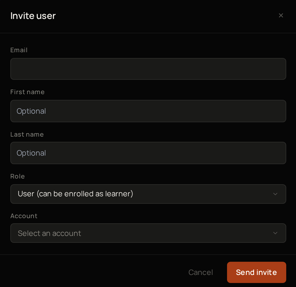 The Invite user window, with Email, First name, Last name, Role and Account, and the Cancel and Send invite buttons.