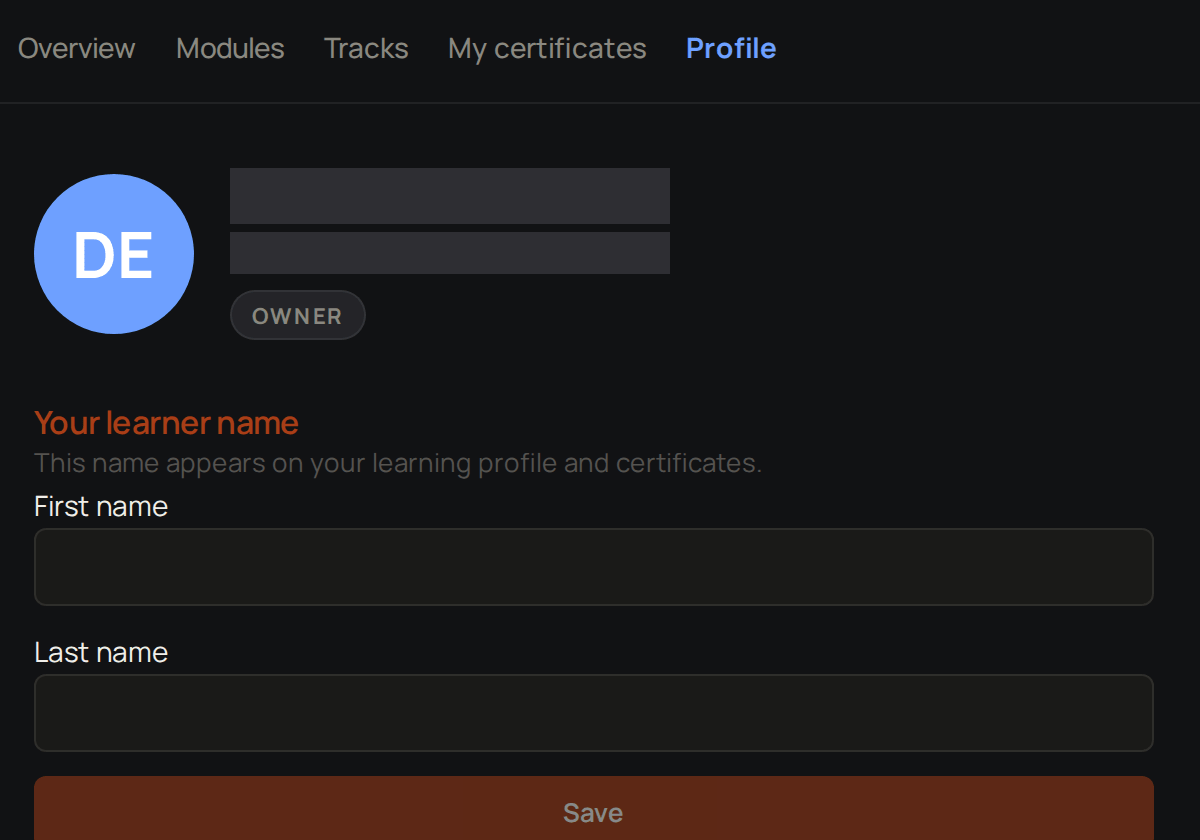 The My Learning profile, with Your learner name, First name, Last name and Save.
